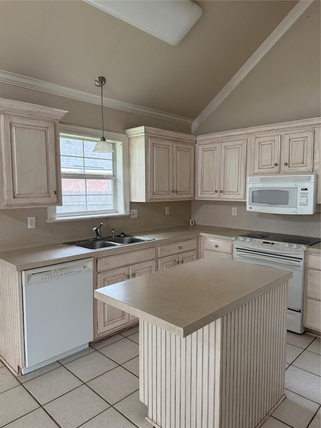 5714 Ferrell Dr, Shreveport, LA 71129 - kitchen with white appliances, a sink, ornamental molding, light tile patterned flooring, and lofted ceiling