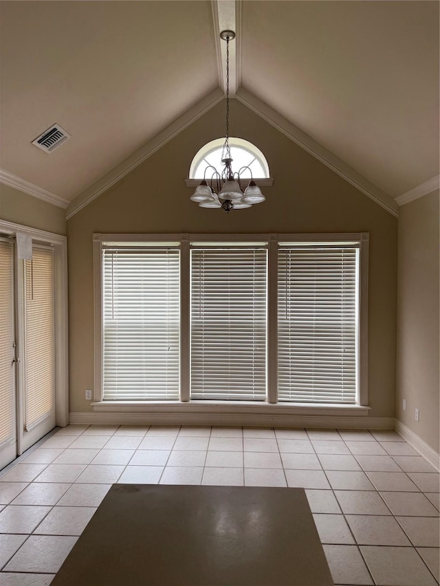 5714 Ferrell Dr, Shreveport, LA 71129 - unfurnished room with light tile patterned floors, a chandelier, vaulted ceiling, and baseboards