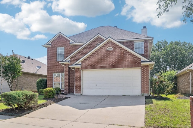 203 Sandpoint Dr, Mansfield, TX 76063 - traditional home featuring brick siding, driveway, a garage, a chimney, and a front yard