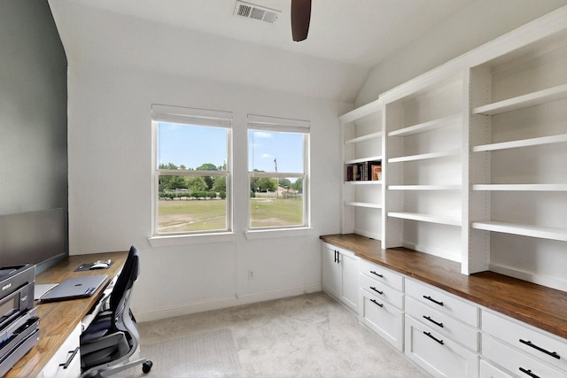 3716 Alder Dr, Mckinney, TX 75071 - unfurnished office featuring vaulted ceiling, a ceiling fan, light carpet, and baseboards