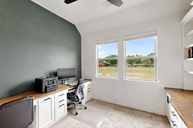 3716 Alder Dr, Mckinney, TX 75071 - office area with ceiling fan, light colored carpet, lofted ceiling, and baseboards