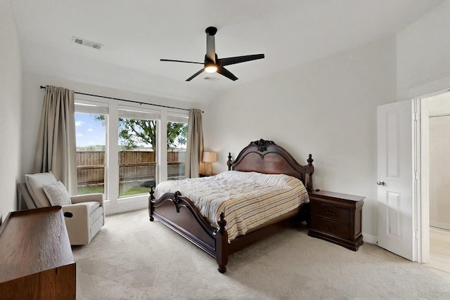 3716 Alder Dr, Mckinney, TX 75071 - bedroom with light colored carpet, a ceiling fan, and vaulted ceiling