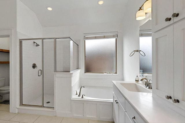 3716 Alder Dr, Mckinney, TX 75071 - full bath with a shower stall, toilet, tile patterned floors, vanity, and vaulted ceiling