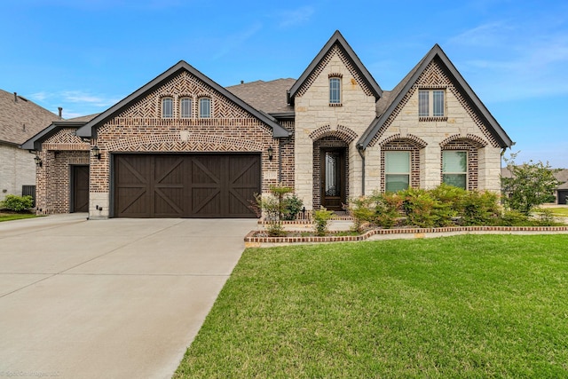 2139 Devonblue Dr, Forney, TX 75126 - french country home with driveway, a garage, stone siding, a front yard, and brick siding