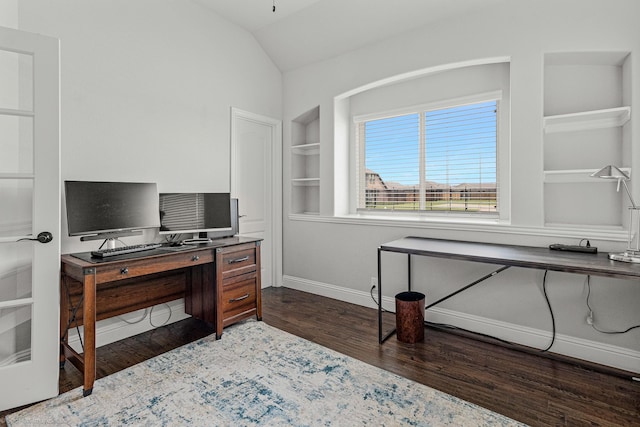 2139 Devonblue Dr, Forney, TX 75126 - office area with built in features, dark wood-type flooring, baseboards, and vaulted ceiling