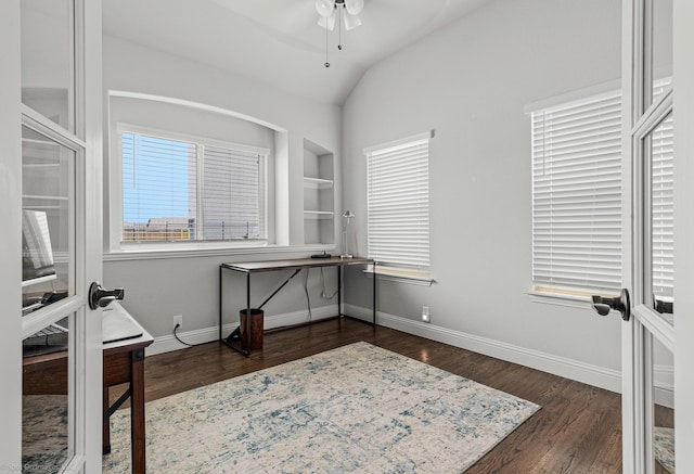 2139 Devonblue Dr, Forney, TX 75126 - office space with baseboards, ceiling fan, vaulted ceiling, dark wood-type flooring, and built in shelves