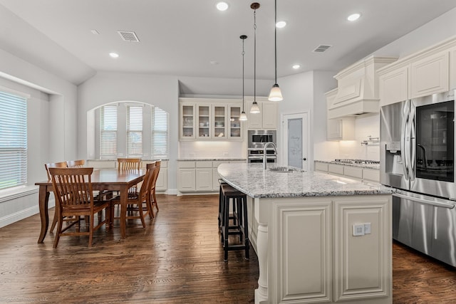 2139 Devonblue Dr, Forney, TX 75126 - kitchen with appliances with stainless steel finishes, healthy amount of natural light, dark wood-style floors, a sink, and recessed lighting