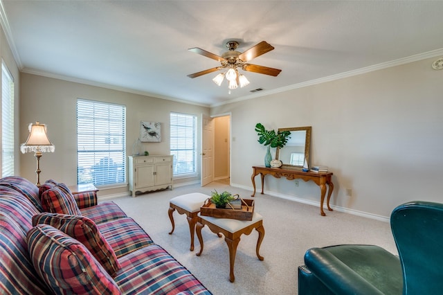 1096 Cedar Oak Dr, Pottsboro, TX 75076 - living room featuring crown molding, baseboards, ceiling fan, and light colored carpet