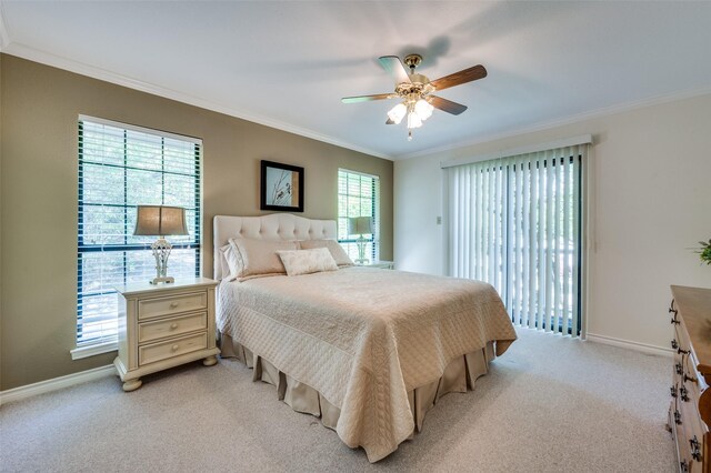 1096 Cedar Oak Dr, Pottsboro, TX 75076 - bedroom with ornamental molding, access to exterior, light carpet, baseboards, and ceiling fan
