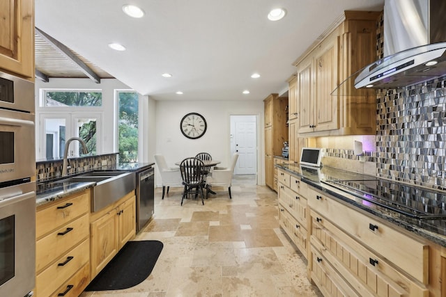 8820 Hunters Glen Trl, Fort Worth, TX 76120 - kitchen featuring black electric cooktop, stainless steel dishwasher, wall chimney exhaust hood, recessed lighting, and tasteful backsplash