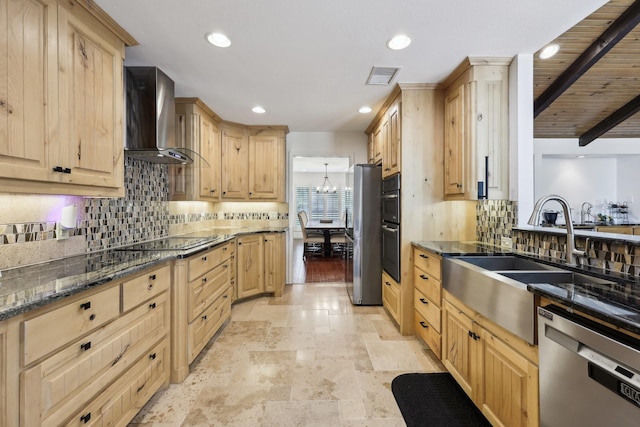 8820 Hunters Glen Trl, Fort Worth, TX 76120 - kitchen featuring light brown cabinetry, wall chimney exhaust hood, black appliances, a sink, and recessed lighting