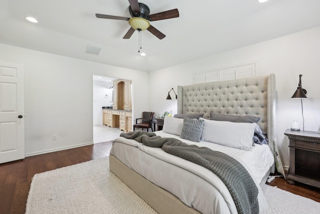 8820 Hunters Glen Trl, Fort Worth, TX 76120 - bedroom with wood finished floors, recessed lighting, ensuite bathroom, a ceiling fan, and baseboards