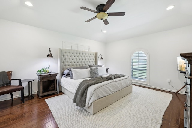 8820 Hunters Glen Trl, Fort Worth, TX 76120 - bedroom with recessed lighting, ceiling fan, dark wood finished floors, and baseboards
