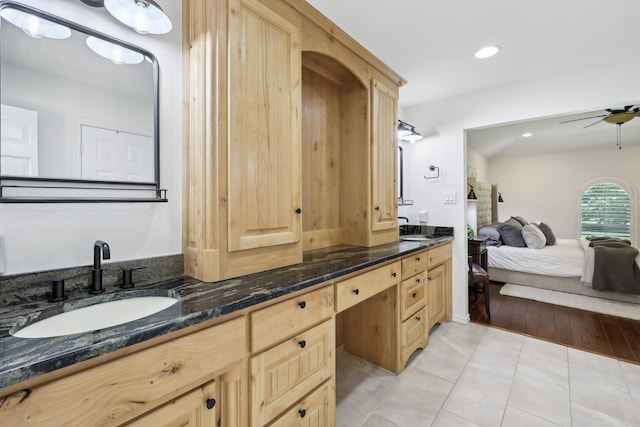 8820 Hunters Glen Trl, Fort Worth, TX 76120 - ensuite bathroom with double vanity, ceiling fan, tile patterned flooring, and recessed lighting