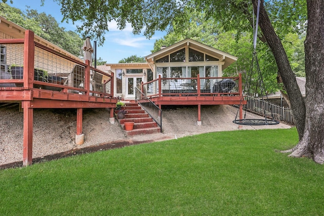 8820 Hunters Glen Trl, Fort Worth, TX 76120 - back of property featuring a deck, a yard, and stairway