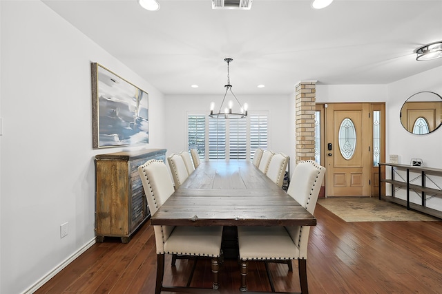 8820 Hunters Glen Trl, Fort Worth, TX 76120 - dining space with a chandelier, dark wood-type flooring, baseboards, and recessed lighting