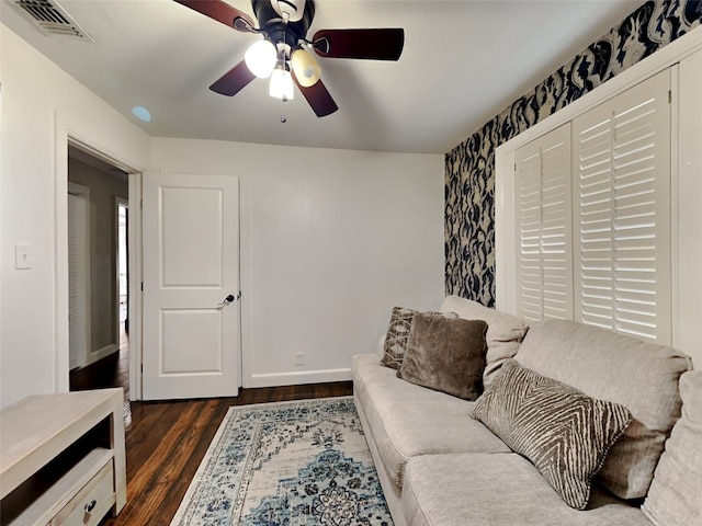 3127 Pastor St, Dallas, TX 75212 - living area with dark wood-type flooring, ceiling fan, and baseboards