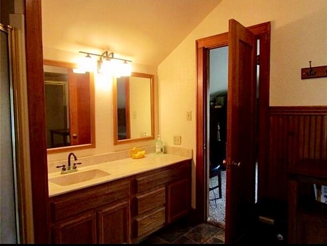 1001 S Locust St, Clarksville, TX 75426 - bathroom with vanity, vaulted ceiling, and a shower with door
