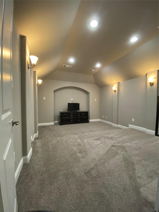 4434 Vineyard Creek Dr, Grapevine, TX 76051 - unfurnished living room featuring carpet, lofted ceiling, baseboards, and recessed lighting