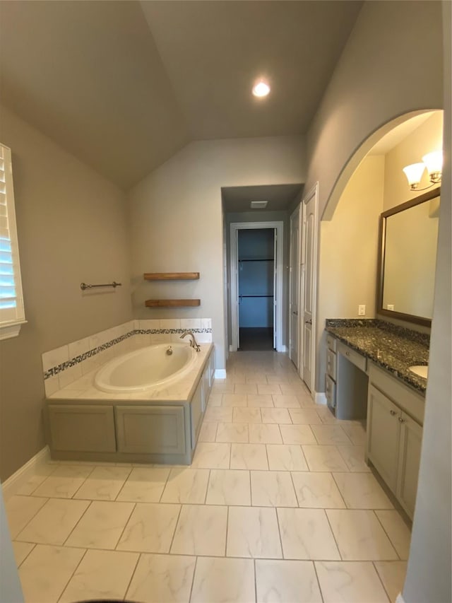 4434 Vineyard Creek Dr, Grapevine, TX 76051 - full bath featuring lofted ceiling, a garden tub, vanity, recessed lighting, and marble finish floors