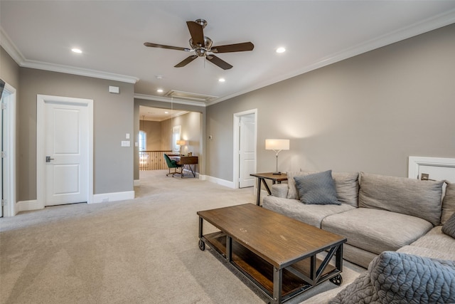 6009 Westchester Ln, Frisco, TX 75034 - living room featuring attic access, ceiling fan, light colored carpet, recessed lighting, and baseboards