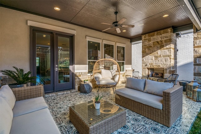 6009 Westchester Ln, Frisco, TX 75034 - view of patio / terrace with french doors, an outdoor living space with a fireplace, and ceiling fan