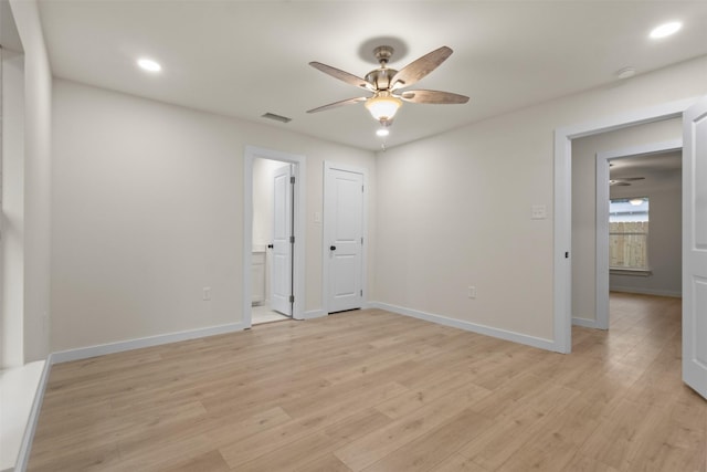 1832 Arch St, Fort Worth, TX 76105 - unfurnished bedroom with light wood-type flooring, recessed lighting, baseboards, ensuite bathroom, and ceiling fan
