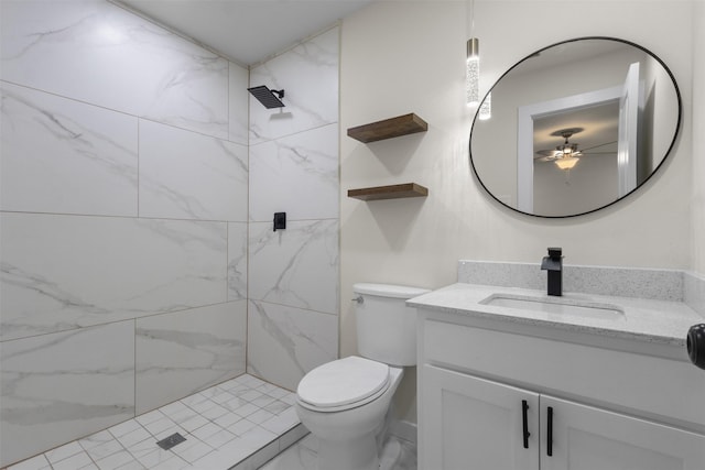 1832 Arch St, Fort Worth, TX 76105 - bathroom with vanity, a marble finish shower, toilet, and a ceiling fan