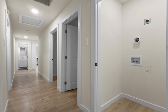1832 Arch St, Fort Worth, TX 76105 - hallway with attic access, light wood-type flooring, and baseboards