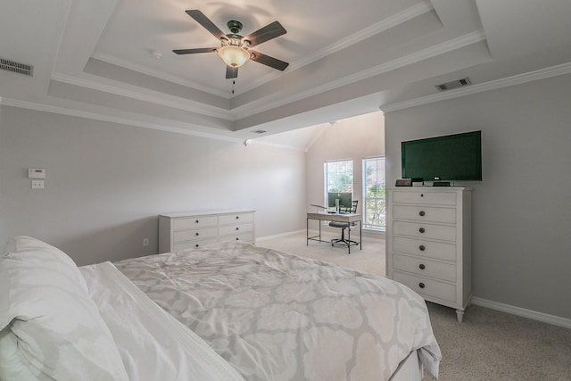 415 Saddle Tree Trl, Coppell, TX 75019 - bedroom with a raised ceiling, light carpet, baseboards, and crown molding