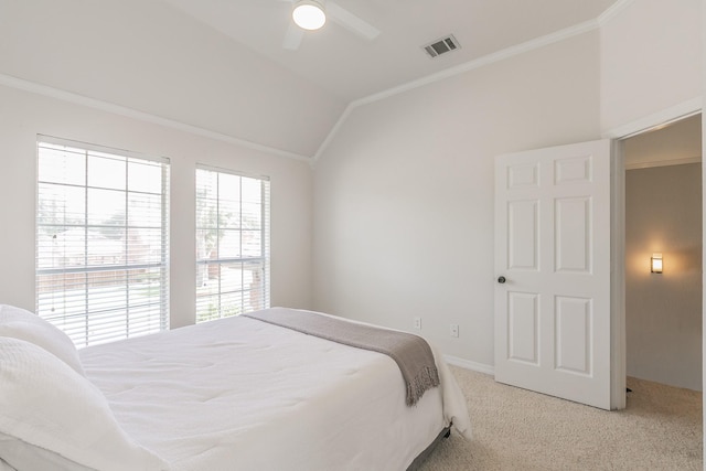 415 Saddle Tree Trl, Coppell, TX 75019 - bedroom featuring vaulted ceiling, light carpet, crown molding, a ceiling fan, and baseboards