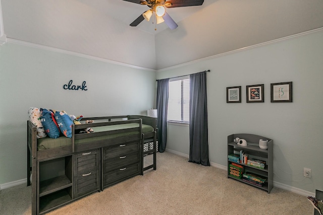 415 Saddle Tree Trl, Coppell, TX 75019 - bedroom featuring light carpet, baseboards, ceiling fan, and lofted ceiling