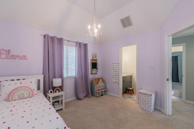 415 Saddle Tree Trl, Coppell, TX 75019 - bedroom featuring light colored carpet, a chandelier, crown molding, baseboards, and vaulted ceiling