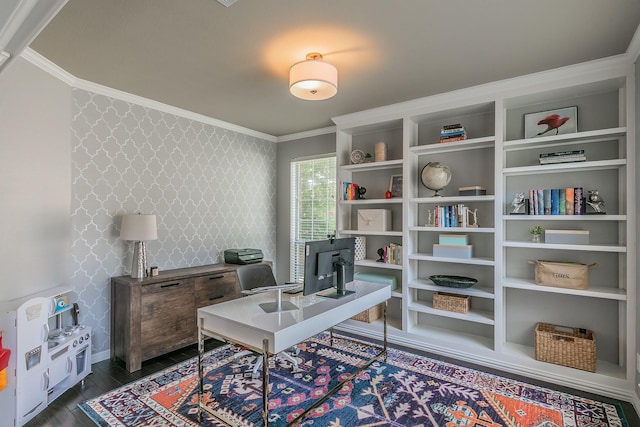 415 Saddle Tree Trl, Coppell, TX 75019 - office with ornamental molding, baseboards, dark wood finished floors, and wallpapered walls