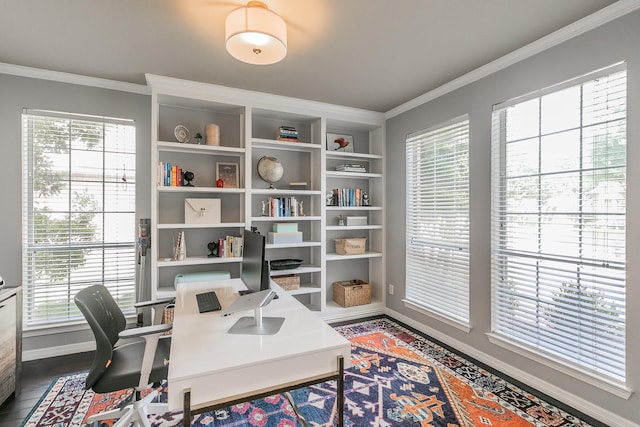 415 Saddle Tree Trl, Coppell, TX 75019 - office area with baseboards, crown molding, and wood finished floors