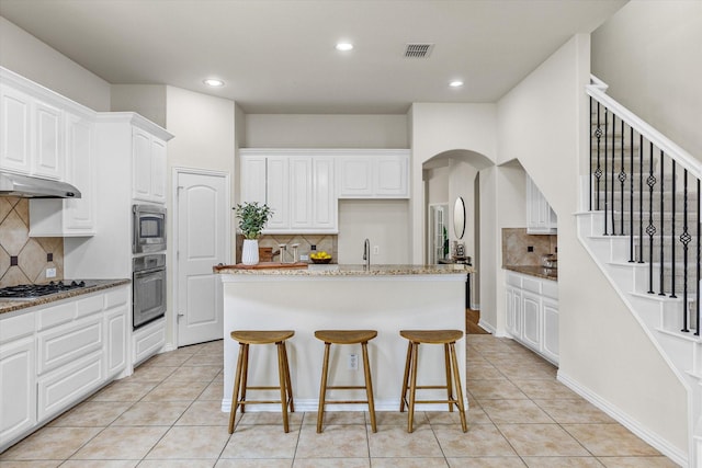 906 Cougar Dr, Allen, TX 75013 - kitchen featuring appliances with stainless steel finishes, tasteful backsplash, under cabinet range hood, arched walkways, and light tile patterned floors