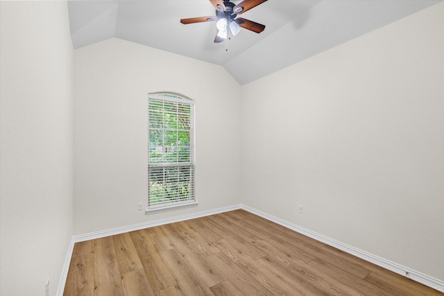 906 Cougar Dr, Allen, TX 75013 - unfurnished room featuring light wood-style floors, ceiling fan, baseboards, and lofted ceiling