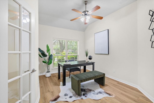 906 Cougar Dr, Allen, TX 75013 - home office featuring light wood finished floors, baseboards, lofted ceiling, and a ceiling fan