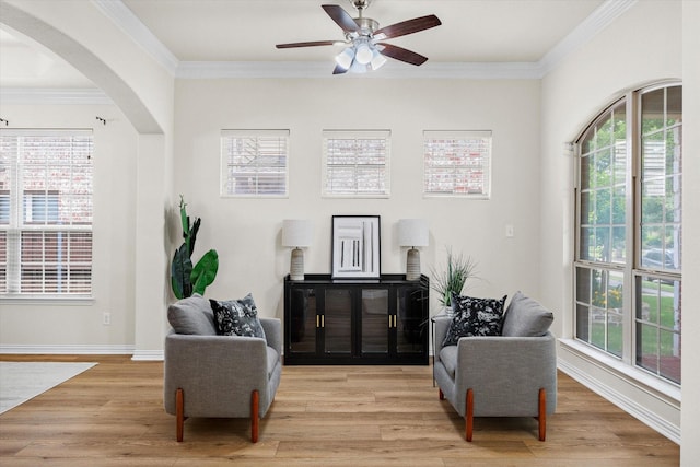 906 Cougar Dr, Allen, TX 75013 - living area with light wood-style floors, crown molding, arched walkways, a ceiling fan, and baseboards