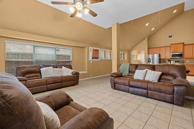 632 Shotwell St, Crowley, TX 76036 - living area with high vaulted ceiling, ceiling fan, light tile patterned floors, baseboards, and recessed lighting