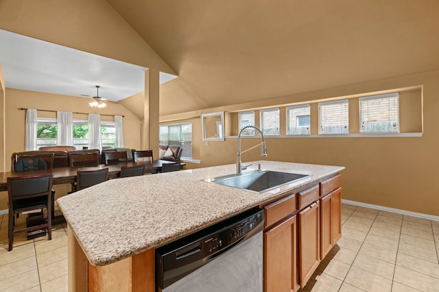 632 Shotwell St, Crowley, TX 76036 - kitchen featuring a sink, dishwasher, lofted ceiling, open floor plan, and a center island with sink