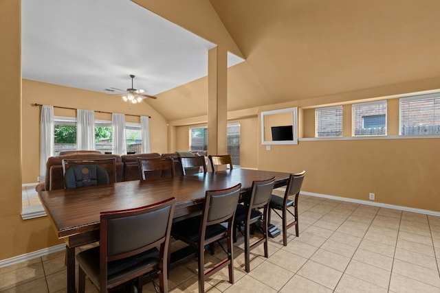 632 Shotwell St, Crowley, TX 76036 - dining space with vaulted ceiling, light tile patterned floors, baseboards, and a ceiling fan