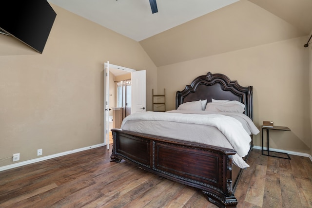 632 Shotwell St, Crowley, TX 76036 - bedroom with wood finished floors, lofted ceiling, baseboards, ceiling fan, and ensuite bath