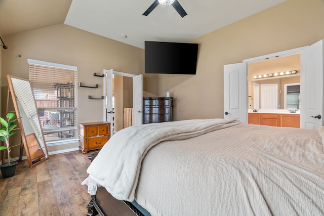 632 Shotwell St, Crowley, TX 76036 - bedroom with lofted ceiling, wood finished floors, ensuite bathroom, ceiling fan, and baseboards