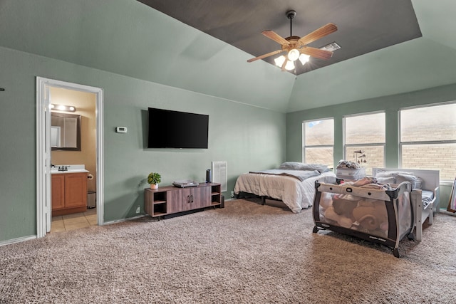 632 Shotwell St, Crowley, TX 76036 - bedroom with light carpet, connected bathroom, lofted ceiling, a ceiling fan, and baseboards