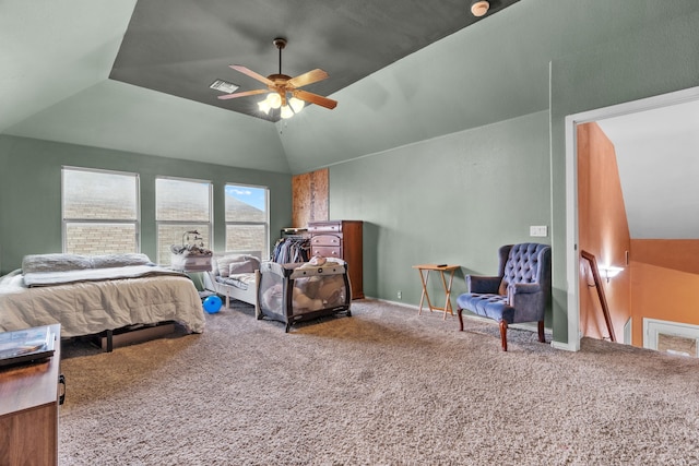 632 Shotwell St, Crowley, TX 76036 - carpeted bedroom featuring vaulted ceiling and a ceiling fan
