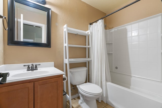 632 Shotwell St, Crowley, TX 76036 - full bathroom featuring a textured wall, toilet, shower / tub combo with curtain, vanity, and tile patterned floors