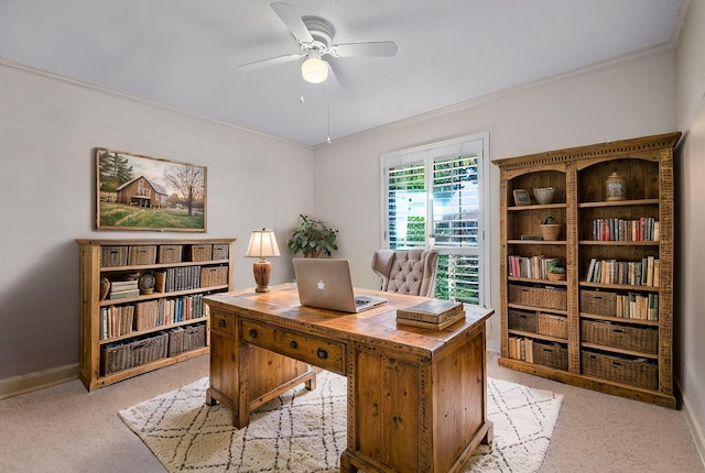 4006 Thornhill Way, Rowlett, TX 75088 - office with light colored carpet, a ceiling fan, crown molding, and baseboards