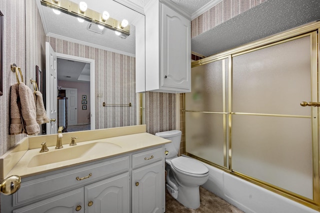 4006 Thornhill Way, Rowlett, TX 75088 - full bathroom with wallpapered walls, crown molding, toilet, vanity, and enclosed tub / shower combo