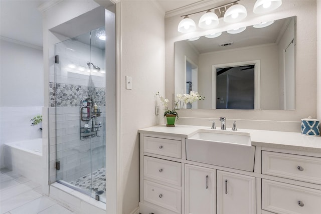 7403 Authon Dr, Dallas, TX 75248 - full bath with ornamental molding, a stall shower, vanity, tile patterned flooring, and a bath